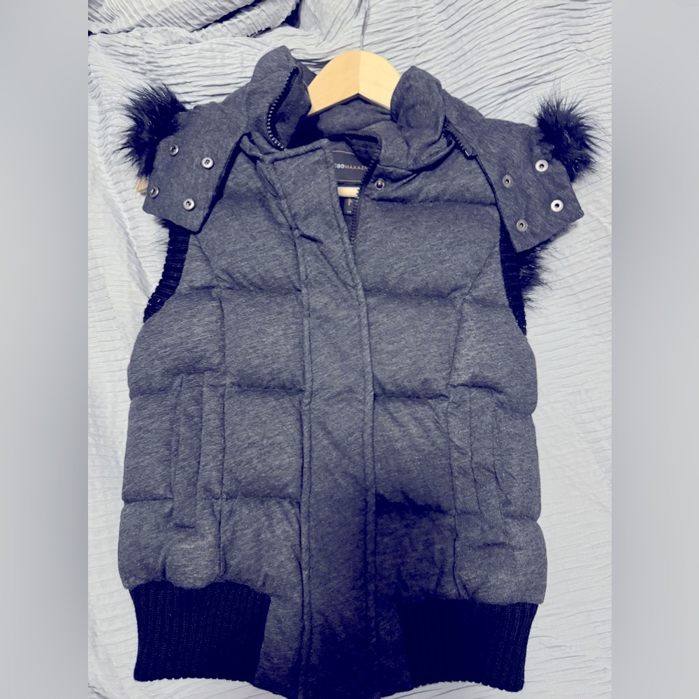 BCBG Maxazria XS DUCK DOWN split fur puff hooded vest dark gray removable hood
